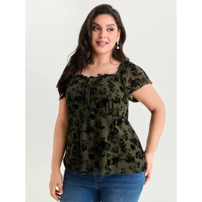 Bloomchic Women's Plus Size Flocked Floral Drawstring Neckline Knit Top Armygreen Short Sleeve Elegant 10/m
