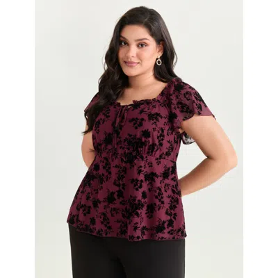Bloomchic Women's Plus Size Flocked Floral Drawstring Neckline Knit Top Deepred Short Sleeve Elegant 18-20/2x In Red