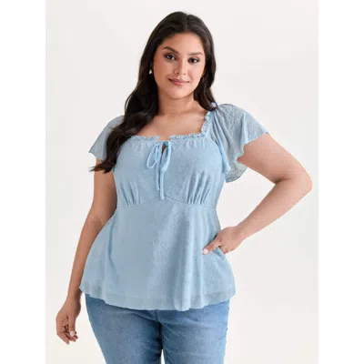Bloomchic Women's Plus Size Flocked Floral Drawstring Neckline Knit Top Lightblue Short Sleeve Elegant 22-24/3 In Blue