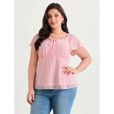 Bloomchic Women's Plus Size Flocked Floral Drawstring Neckline Knit Top Lightpink Short Sleeve Elegant 12/l
