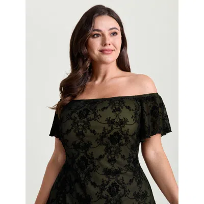 Bloomchic Women's Plus Size Flocked Floral Off-shoulder T-shirt Armygreen Synthetic Texture Elegant Long Sleev