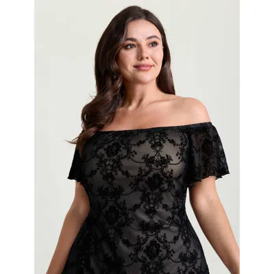 Bloomchic Women's Plus Size Flocked Floral Off-shoulder T-shirt Black Synthetic Texture Elegant Long Sleeve 30