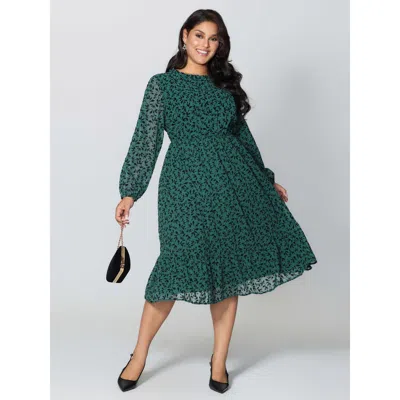 Bloomchic Women's Plus Size Flocked Floral Shirred Ruffled Neck Midi Dress Teal Elegant Midi Ruched Round Neck In Blue