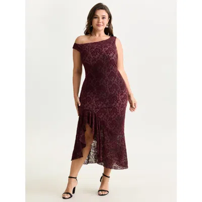 Bloomchic Women's Plus Size Flocked Floral Stretchy One-shoulder Midi Dress Deepred Maxi Elegant Asymmetrical  In Red