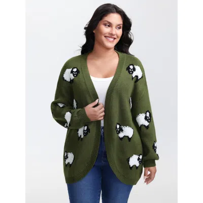 Bloomchic Women's Plus Size Flocked Lamb Curvy Hem Jacquard-knit Cardigan Moss Long Sleeve 12/l In Green