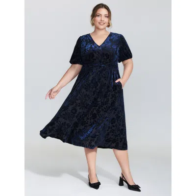 Bloomchic Women's Plus Size Flocked Laser Cut Pleated Waist Midi Dress Darkblue Synthetic Texture Midi Elegant In Blue