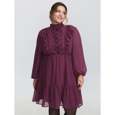 Bloomchic Women's Plus Size Flocked Ruffled Floral Embroidered Neckline Mini Dress Redviolet Synthetic Texture