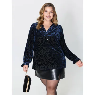 Bloomchic Women's Plus Size Flocked Semi-stretch Button Blouse Indigo Non Party Extra Long Sleeve 10/m In Purple