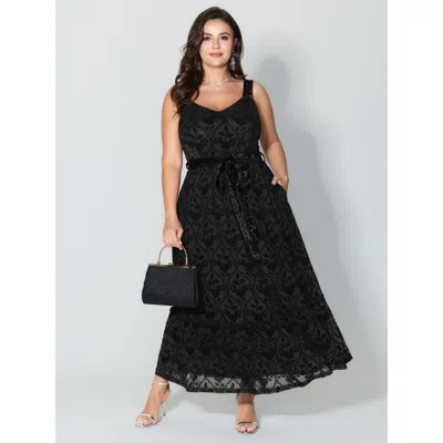 Bloomchic Women's Plus Size Flocked Spliced Velvety Tie Maxi Dress Black Botanical Maxi Party Mesh Panel 10/m