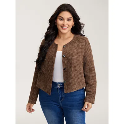 Bloomchic Women's Plus Size Flocked Textured Button Pockets Jacket Browncoffeecolor Button H-line 10/m