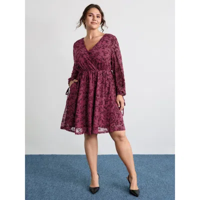 Bloomchic Women's Plus Size Flocked Wrap Backless Tie Pockets Mini Dress Deepred Synthetic Texture Short Elega In Red