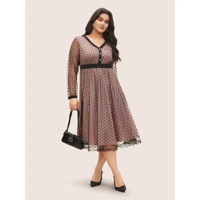 Bloomchic Women's Plus Size Flocking Polka Dot Tiered Mesh Dress Dustypink Polka Dots Midi Office Non 30/6x In Pink