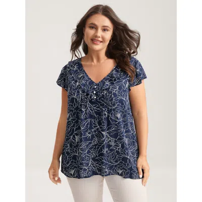 Bloomchic Women's Plus Size Floral Abstract Print Ruffled Blouse Darkblue Botanical Elegant Short Sleeve V-nec In Blue