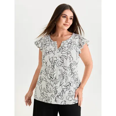 Bloomchic Women's Plus Size Floral Abstract Print Ruffled Sleeve Blouse Whitesmoke Floral Office Short Sleeve 