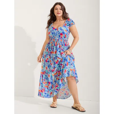 Bloomchic Women's Plus Size Floral Abstract Shirred Waist Midi Dress Bluepurple Geometric Maxi Vacation 14-16/ In Purple