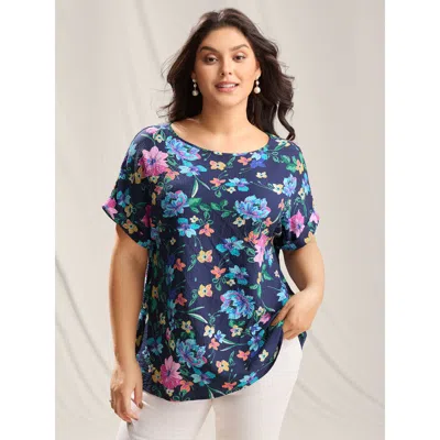 Bloomchic Women's Plus Size Floral Affair Print Wrinkled Fabric Blouse Indigo Floral Casual Short Sleeve Scoop In Purple