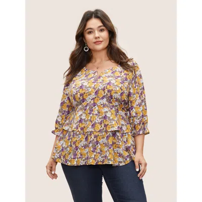 Bloomchic Women's Plus Size Floral Allover Print Ruffles Tiered Hem Blouse Apricot Floral Everyday 3/4 Sleeve  In Orange