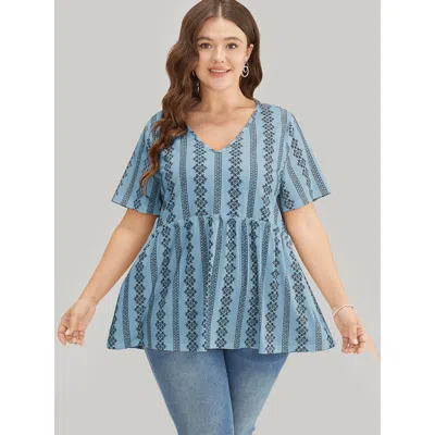 Bloomchic Women's Plus Size Floral & Striped Frill Trim Ruffle Hem T-shirt Stone Short Sleeve Dailywear 12/l In Gray