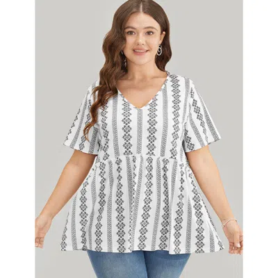 Bloomchic Women's Plus Size Floral & Striped Frill Trim Ruffle Hem T-shirt White Short Sleeve Dailywear 26/4x