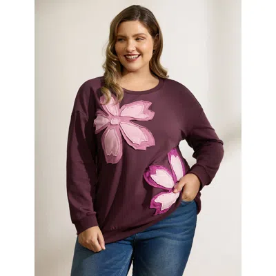Bloomchic Women's Plus Size Floral Applique Embroidered Round Neck Sweatshirt Deeppurplered Casual 10/m
