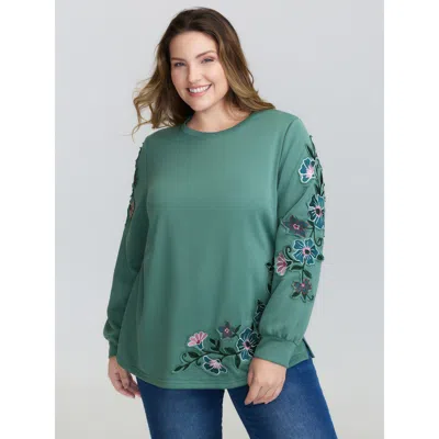 Bloomchic Women's Plus Size Floral Applique Embroidery Stretchy Sweatshirt Greenbean Casual 14-16/1x