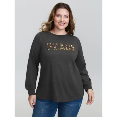 Bloomchic Women's Plus Size Floral Applique Embroidery Stretchy T-shirt Dimgray Non Casual Extra Long Sleeve 1