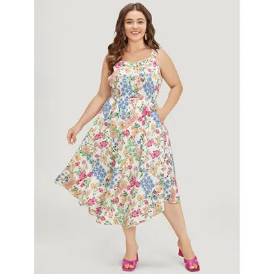 Bloomchic Women's Plus Size Floral Arc Hem Pocket Square Neck Ruffle Trim Cami Dress Multicolor Dailywear Arc 