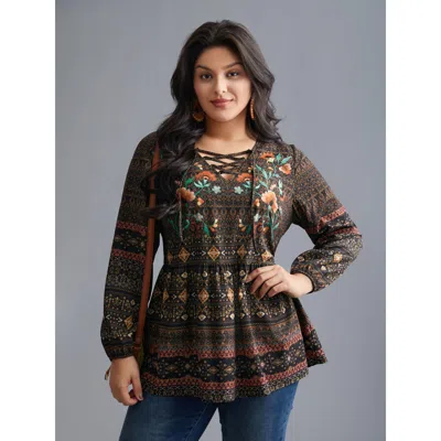 Bloomchic Women's Plus Size Floral Bandana Crisscross Blouse Darkbrown Bohemian Print Vacation Extra Long Slee In Brown