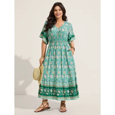 Bloomchic Women's Plus Size Floral Bell Sleeve Shirred Waist Maxi Dress Emerald Floral Maxi Vacation Smocked 1 In Green