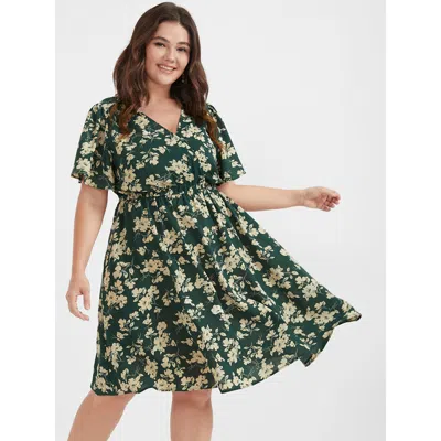 Bloomchic Women's Plus Size Floral Belted Button Ruffled Wrap Knee Dress Green Floral Dailywear Printed 30/6x