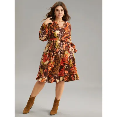 Bloomchic Women's Plus Size Floral Belted Notched Lantern Sleeve Ruffles Dress Burgundy Dailywear Belted 14-16