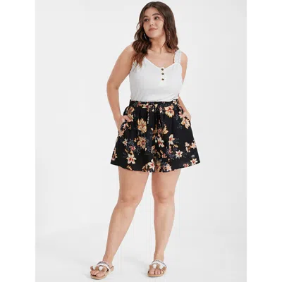 Bloomchic Women's Plus Size Floral Belted Pocket Elastic Waist Shorts Blackflower Dailywear Belted Shorts 10/m