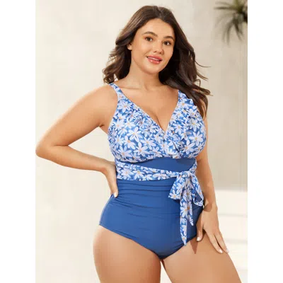 Bloomchic Women's Plus Size Floral Belted Ruffled One-piece Swimsuit Mediumblue Floral Adaptive-fit 28/5x