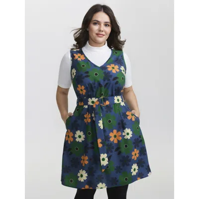 Bloomchic Women's Plus Size Floral Belted Waist-defining Knee Dress Multicolor Floral Mini Casual Wide Waistba