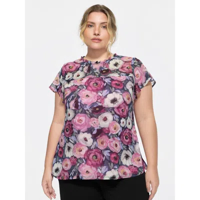 Bloomchic Women's Plus Size Floral Blend Print Mesh Blouse Multicolor Floral Elegant Short Sleeve Mock Neck 10