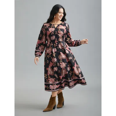 Bloomchic Women's Plus Size Floral Boho Print Neck Cut-out Dress Black Floral Midi Vacation Cut-out 22-24/3x