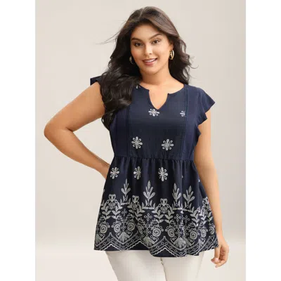Bloomchic Women's Plus Size Floral Boho Print Ruffled Plain Blouse Midnight Ethnic Floral Vacation Short Sleev In Blue