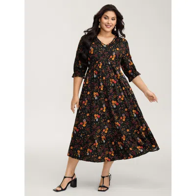 Bloomchic Women's Plus Size Floral Branch Print Lace Trim Midi Dress Black Floral Midi Elegant Woven Ribbon&la