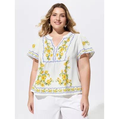 Bloomchic Women's Plus Size Floral Branch Print Notched Collar Blouse Lemonyellow Floral Vacation Short Sleeve
