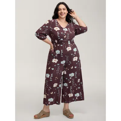 Bloomchic Women's Plus Size Floral Branch Print Shirred Waist Jumpsuit Plum Casual 22-24/3x In Purple