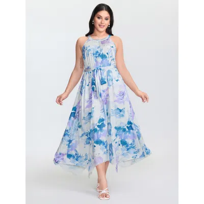 Bloomchic Women's Plus Size Floral Breeze Print Halter Neckline Midi Dress Multicolor Floral Midi Elegant Gath