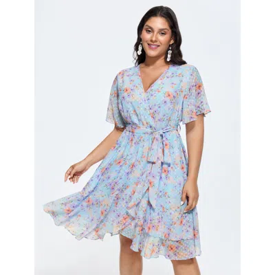 Bloomchic Women's Plus Size Floral Breeze Print Wrap Tie Mini Dress Lightblue Ditsy Floral Maxi Elegant 10/m In Blue