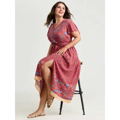 Bloomchic Women's Plus Size Floral Breeze Waist-tie Contrast Maxi Dress Brightred Ditsy Floral Maxi Vacation O