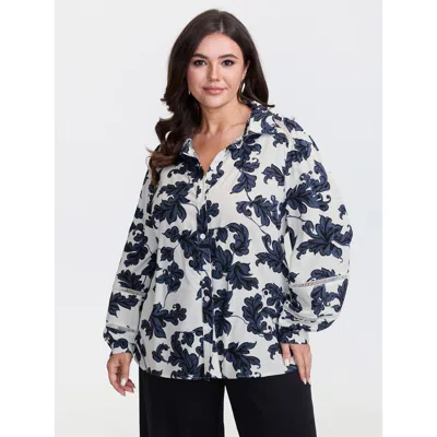 Bloomchic Women's Plus Size Floral Button Front Lace Relaxed Fit Blouse Indigo Floral Elegant Long Sleeve 18-2 In Purple