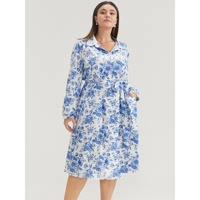 Bloomchic Women's Plus Size Floral Button Up Pocket Belted Lapel Collar Dress Whitesmoke Floral Office Belted 