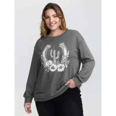 Bloomchic Women's Plus Size Floral Cactus Drop Shoulder Sweatshirt Darkgray Western Casual 10/m In Gray