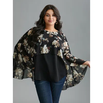 Bloomchic Women's Plus Size Floral Chiffon High Low Hem Ruffles Blouse Black Floral Elegant Long Sleeve Round 