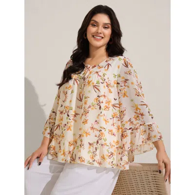 Bloomchic Women's Plus Size Floral Chiffon Ruffled Tie Blouse Amber Floral Vacation Three Quarter Length Sleev In Orange