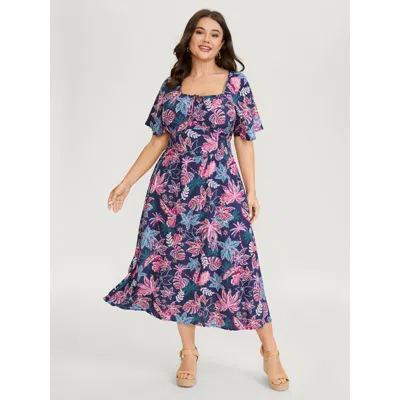 Bloomchic Women's Plus Size Floral Cinched-waist Maxi Dress Multicolor Tropical Midi Vacation Tie Knot 10/m