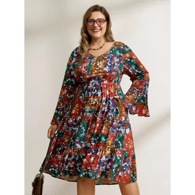 Bloomchic Women's Plus Size Floral Collage Print Deep V-neck Midi Dress Multicolor Floral Midi Casual 14-16/1x
